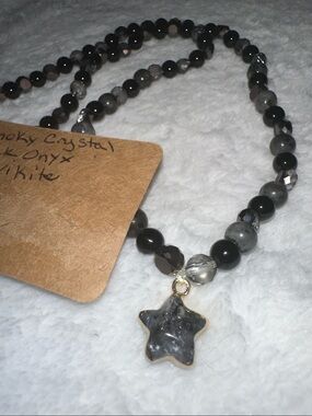 Sparkles and Stars Necklace (Smokey crystal, black onyx and larvikite)